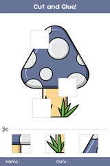 Cut and glue of mushrooms. Education paper game for kids. Glue game for kids. Educational children's game. Template for cut and glue