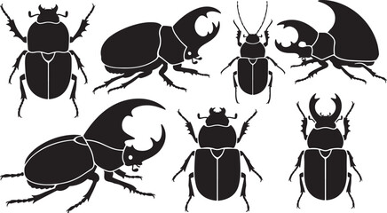 Six rhinoceros beetle insect silhouettes set collection black monochrome horn large bug entomology wildlife vector graphic