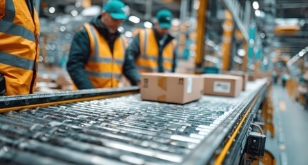 Warehouse workers in safety vests are sorting packages on a conveyor belt, showcasing an efficient logistics operation in a modern distribution center environment