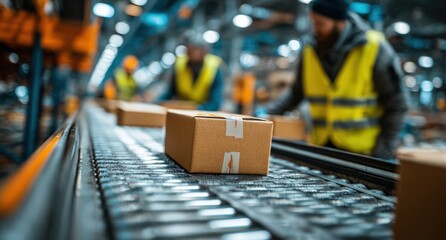 Workers in safety vests are handling packages on a conveyor belt in a modern warehouse, showcasing efficient logistics and teamwork in a busy distribution center