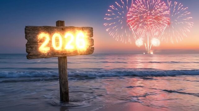 Wooden sign with glowing number 2026 on a beach at sunset with fireworks over the ocean