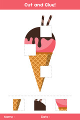 Cut and glue of ice creams. Education paper game for kids. Glue game for kids. Educational children's game. Template for cut and glue
