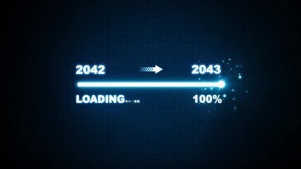Progress and transition from 2042 to 2043 concept. Glowing loading bar transitioning from 2042 to 2043, progress, future planning, and new year goals. annual planning and business growth. 4K video