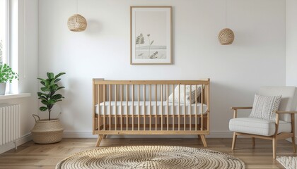 Soft nursery room with wooden crib, pastel d&eacute;cor, clean and peaceful interior.