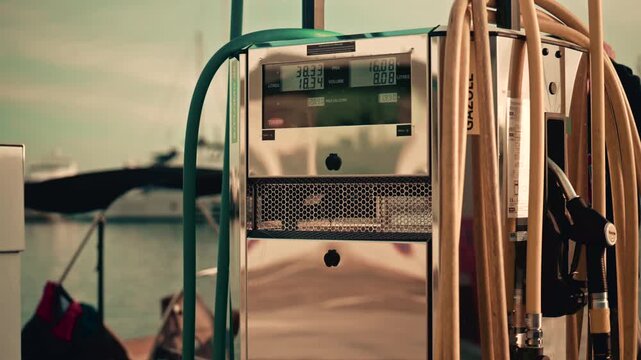 Various hoses coloured in yellow, green, and blue, hang beside modern marina fuel pumps, boat at the fuel station
