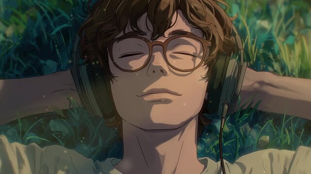 Man listening to music with headphones on field grass top view video LoFi animation. Guy in glasses in nature animated Lo-Fi aesthetic footage HD clip motion graphics. Lifestyle concept