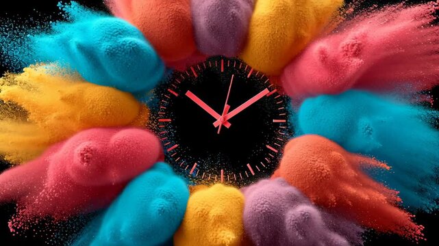 Vibrant explosion of colored powder forms a dynamic clock face, showcasing the passage of time with a captivating visual flow, camera pans around the scene