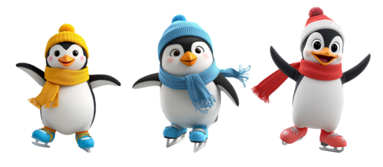 A cheerful playful cartoon penguin in a hat on skates a funny pose