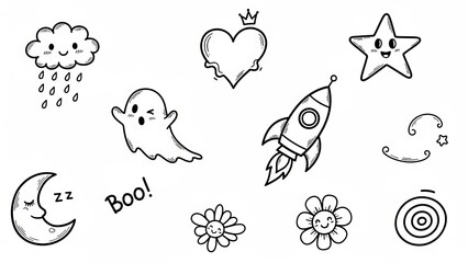 Fototapeta premium Whimsical hand-drawn doodles of a smiling cloud, ghost, rocket, moon, stars, and flowers for a playful design.