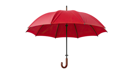 Red umbrella open with a curved wooden handle ready for weather protection isolated on transparent background