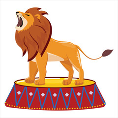 Angry cartoon lion roaring loudly on red circus pedestal, wild cat mascot illustration for posters, banners, invitations, children entertainment projects.