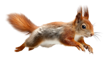 Red squirrel running with fluffy tail and expressive eyes isolated on transparent background