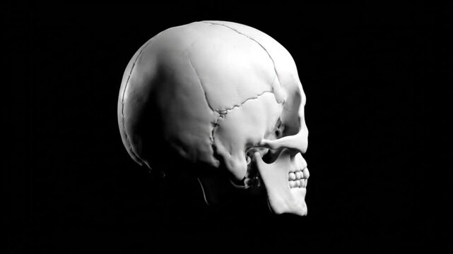 Rotating 3D Render of a Human Skull Isolated on a Black Background, Detailed Anatomical Model