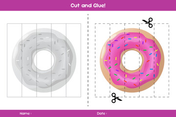 Cut and glue of donuts. Education paper game for kids. Glue game for kids. Educational children's game. Template for cut and glue