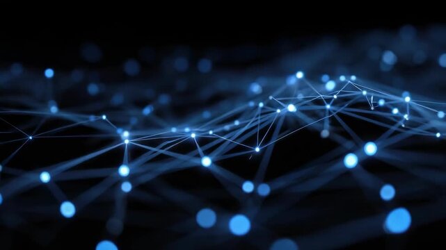 Blue interconnected network of glowing nodes and lines, representing a digital data network.
