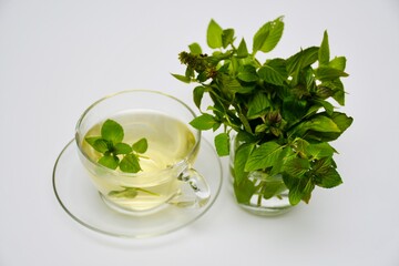 Cup of mint tea with fresh leaves on a light background. Perfect for health and relaxation concepts.