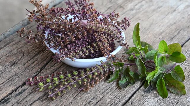 tulsi or holy basil leaf, Dried basil seed, flower on rustic wooden table. tulsi is used in ayurvedic medicine.