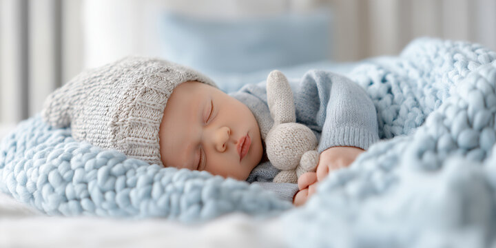 Peaceful infant sleeping on soft bed in bright cozy nursery, wearing knitted hat and cuddling plush toy, creating serene and comforting atmosphere - Powered by Adobe
