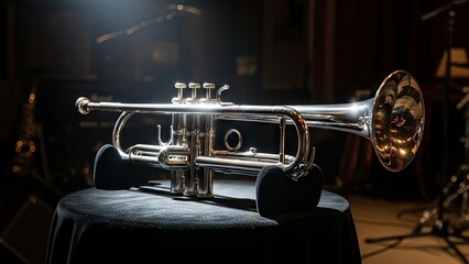 Polished silver trumpet on a stand awaiting performance