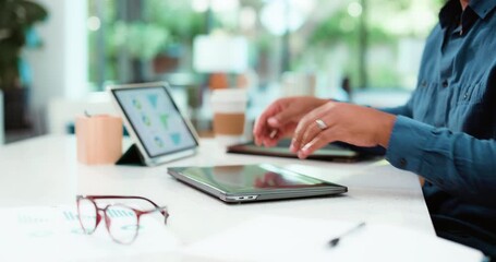 Hands, person and typing on laptop at house for accounting, finance report and data analysis. Man, remote work and tablet with graphs for financial stats, profit growth and kpi performance of company - Powered by Adobe