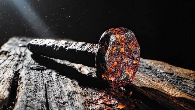 A dramatic close-up of a large antique rusted nail embedded in a cracked and darkened wooden plank under a beam of light
