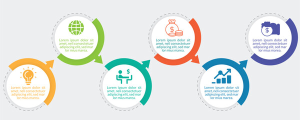 Business Infographic Process with 6 Steps .Business minimal Infographics template. 6 steps timeline with, options and marketing icons .Vector