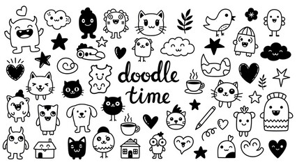 Charming collection of cute doodle characters and whimsical elements, perfect for playful designs