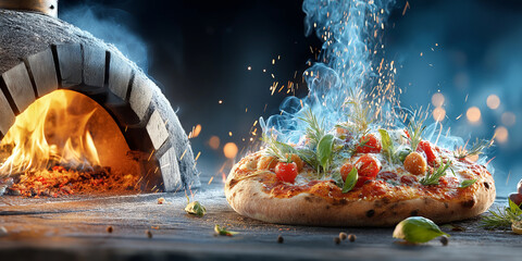 Freshly baked pizza with vibrant toppings sits on rustic wooden surface near traditional wood fired oven, emitting warm and inviting glow. scene captures essence of authentic Italian cooking