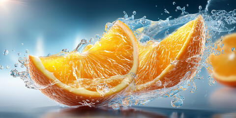 Juicy orange slices with splashing water, showcasing vibrant colors and refreshing texture. dynamic motion and bright lighting create fresh and invigorating feel