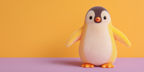 Cute penguin chick standing confidently on pastel background, blending baby blue and orange hues. adorable expression adds charm to vibrant scene