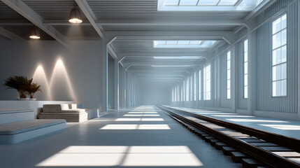 Futuristic industrial train depot with sunlight streaming through large windows, minimalistic interior, and serene atmosphere