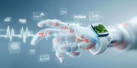 Robotic hand wearing smartwatch interacts with digital health data, showcasing futuristic wearable health monitoring technology. scene is filled with holographic medical charts and graphs