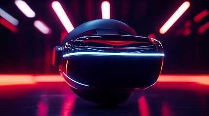 Sleek virtual reality headset rests on a reflective surface bathed in dramatic neon red and blue futuristic lighting