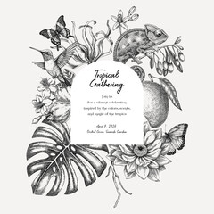 Exotic animals, palm leaves, tropical flower hand-drawn vector illustration. Beach wedding invitation, summer card design. Not AI generated 