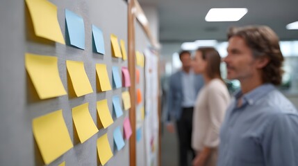 Team members engage in strategic planning using a wall covered in colorful sticky notes in a bright office environment