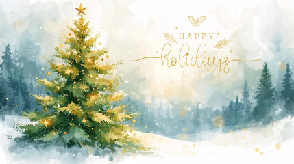 Happy Holidays on this Christmas tree drawing. Bright and warm winter atmosphere. Generated AI