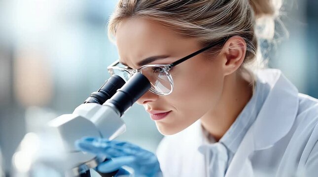 In a research lab, a focused female scientist wearing glasses and a white lab coat carefully examines a sample under a microscope. Blood tests.