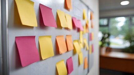 Colorful sticky notes arranged on a whiteboard signifying a collaborative planning and brainstorming session in a modern office environment