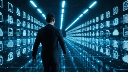 Businessman manages cloud data in server room. Man interacts with futuristic interface. Digital file management in virtual server. Cloud computing and network technology. Man with holographic data dis - Powered by Adobe