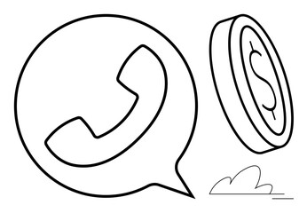 Telecommunications, finance, mobile services, economic transactions, digital communication, investment. A speech bubble with a phone icon and a dollar coin. Telecommunications and finance concept