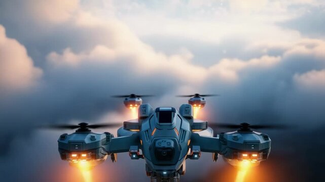 A futuristic combat drone with glowing orange thrusters flying through a cloudy sky.