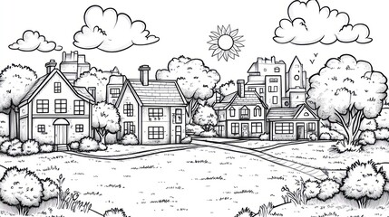 Sunny suburban street scene, houses, trees, coloring book illustration