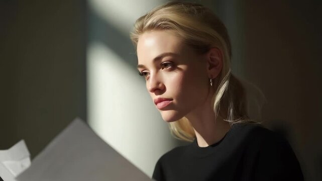 Blonde woman in a black top reading papers in a softly lit room.