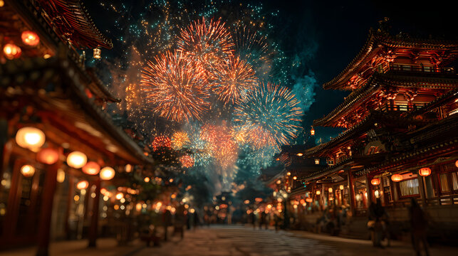 Fireworks and Festivities Photograph of Chinese new year fireworks celebrations on the chinese temple background - Powered by Adobe