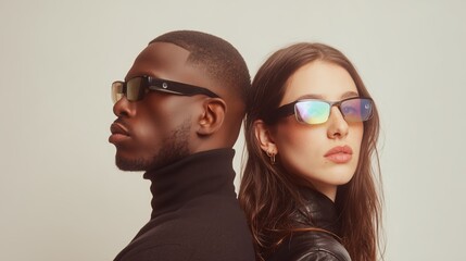 Couple standing back to back wearing sunglasses in a studio setting