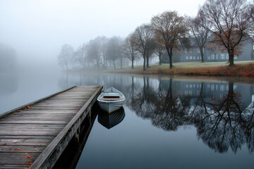 Foggy morning by the serene river with a solitary boat near a wooden pier