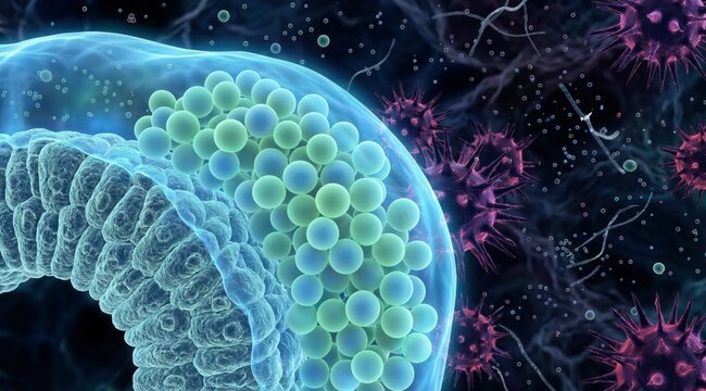Microscopic Illustration, Intestinal Barrier Protection, Probiotics Block Pathogens, Digestive, Immunology, Immune System, Protective Mucus Layer Separating Healthy Cells From Harmful Infections