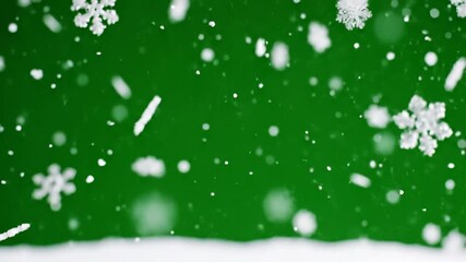 Dynamic Snowflake Falling Animation Over Green Background Creating a Festive Atmosphere
