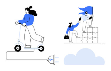 Sustainable transportation, teamwork, leadership, collaboration, electric mobility, and innovation. Woman riding an electric scooter and colleagues climbing puzzle blocks. Sustainable transportation