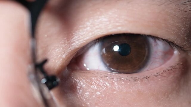 Asian man eyes close-up. Half-face portrait view and glasses.